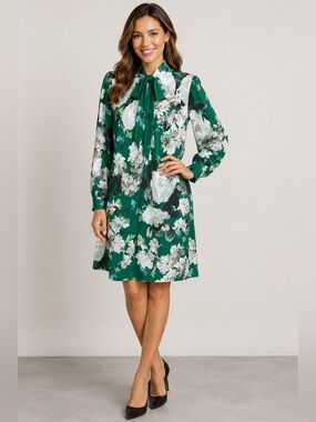 Erdem Green Floral Silk Bow Shift Dress US 6